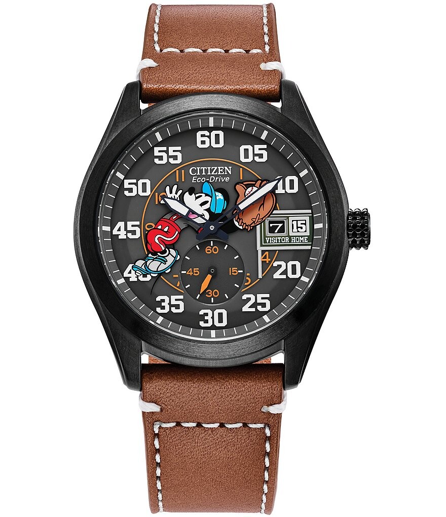

Мужские часы Citizen Disney Collection Batter's Up Mickey с двумя стрелками и коричневым кожаным ремешком