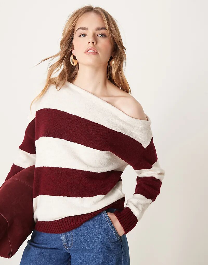 

Джемпер на одно плечо в полоску бордового цвета ASOS DESIGN