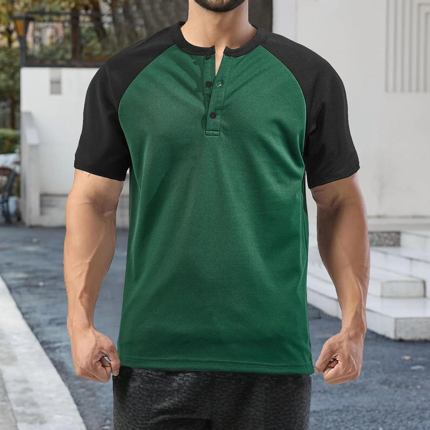 Мужская футболка с коротким рукавом Casual Trendy в европейском стиле Color Blocked с кнопками на воротнике и ананасовым принтом — фото 3