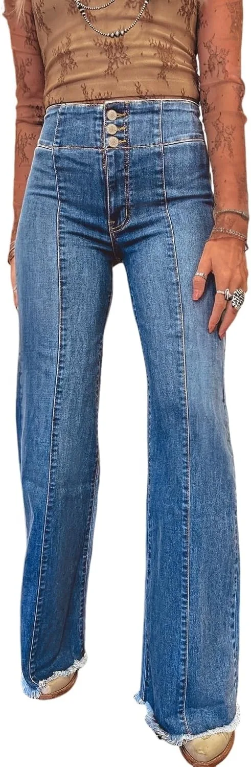 

Джинсы для женщин Sail Blue High Waist с застежкой на пуговицах и расклешенным низом Loricete