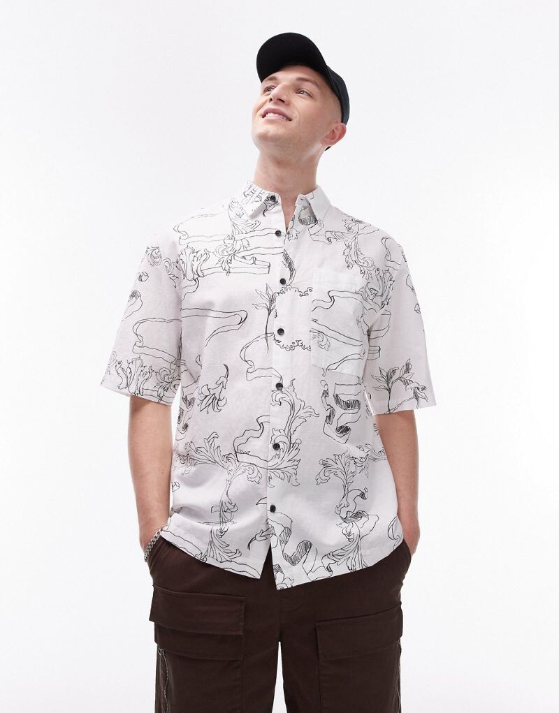 

Белая свободная рубашка из смесового льна с короткими рукавами и принтом Topman