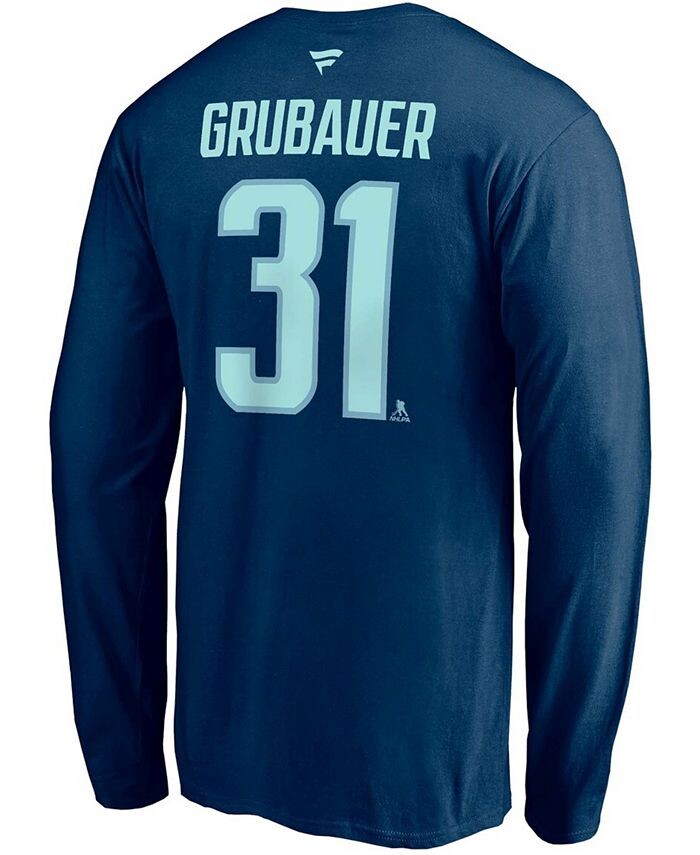 Мужская футболка с длинным рукавом Philipp Grubauer Deep Sea Seattle Kraken Authentic Stack с именем и номером Fanatics, синий — фото 3