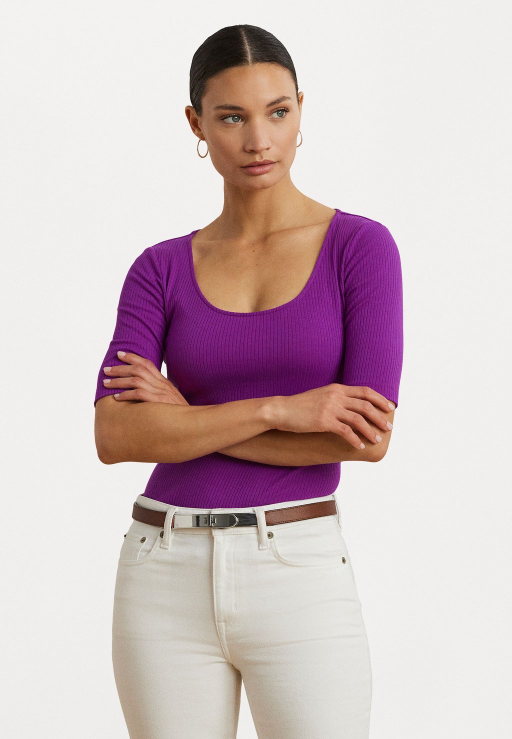 

Базовая футболка Rib Knit Cotton Blend Elbow Sleeve Tee Lauren Ralph Lauren Petite, фиолетовый