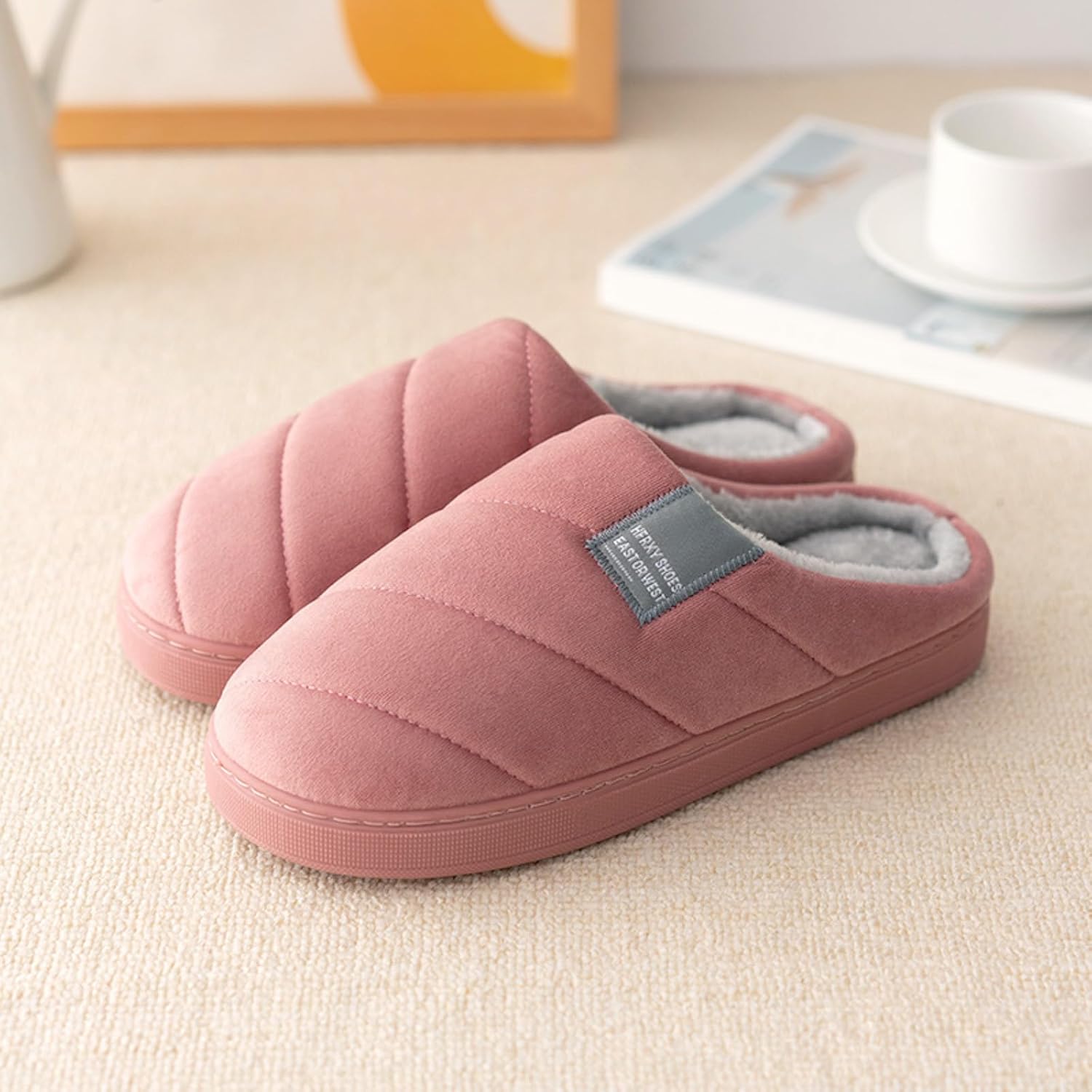 Тапочки JYSwoshoe с ворсом для женщин и мужчин, удобные домашние тапочки с памятью формы, мягкие плюшевые, теплые тапочки для дома и улицы, красный — фото 3