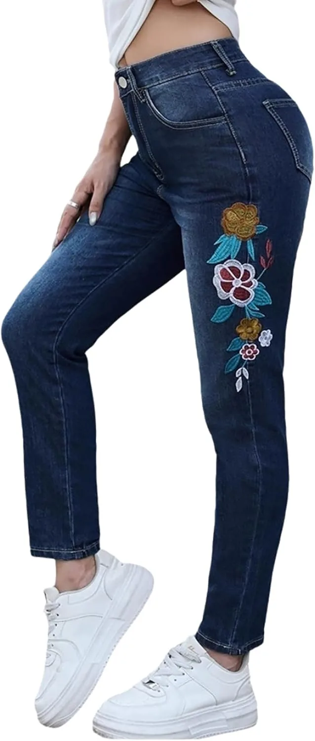 

Женские джинсы с цветочной вышивкой, зауженные, с высокой талией QLAUYIOE