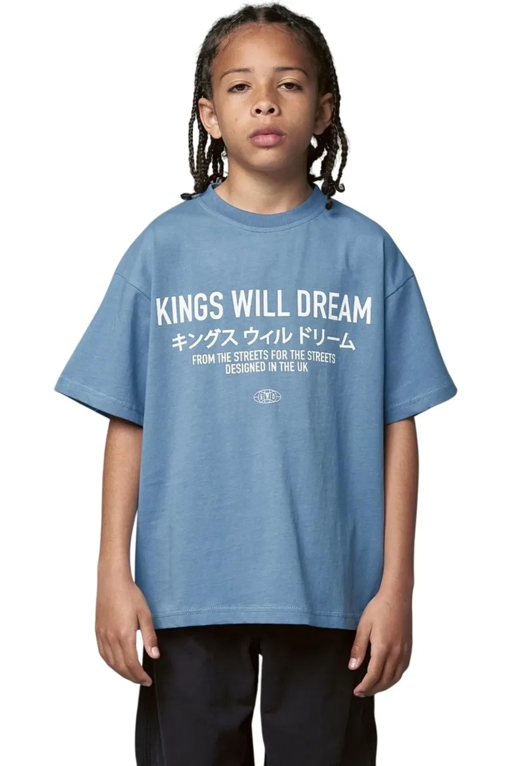 Футболка детская оверсайз с японским текстом Kings Will Dream, синий