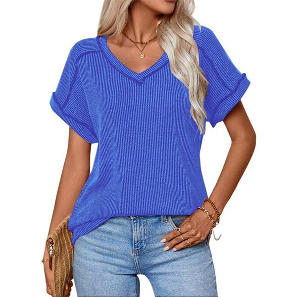 

Женская футболка с V-образным вырезом и коротким рукавом, рифленая, свободного кроя, для делового стиля Yesfashion, Blue