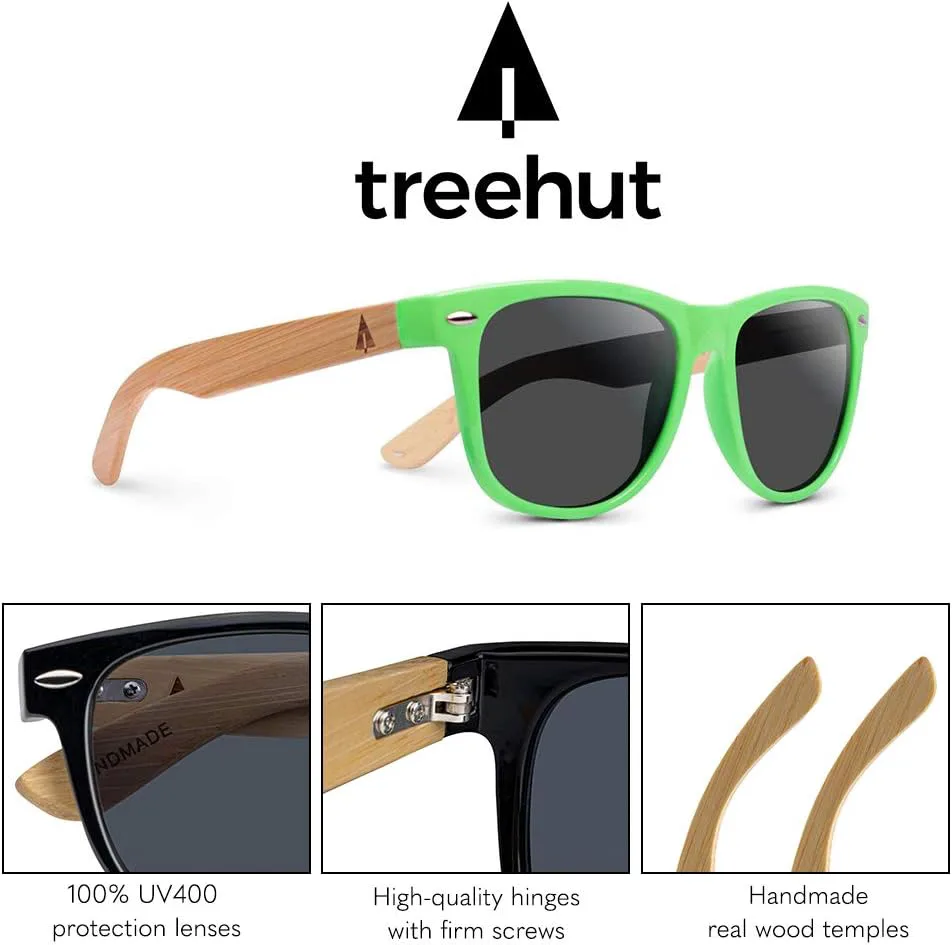 

Деревянные бамбуковые дужки для солнцезащитных очков Treehut, классический ретро-стиль, квадратные деревянные солнцезащитные очки, Green Frame W/Treehut Pouch
