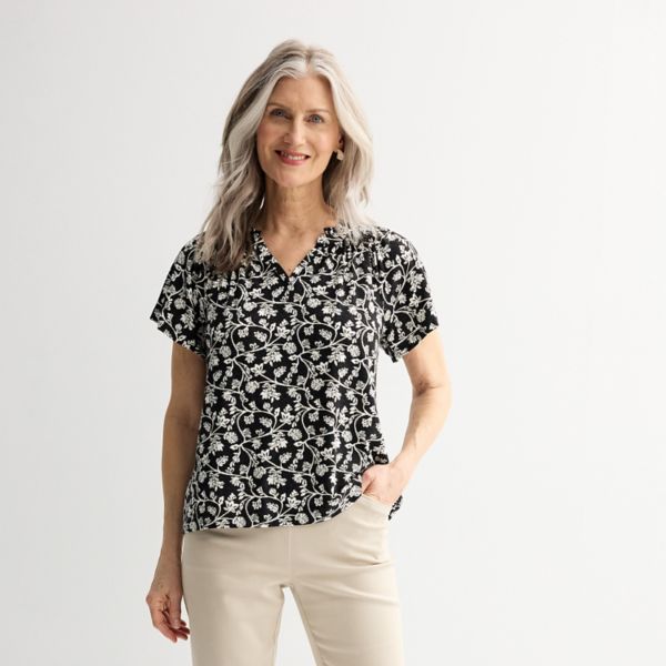 

Укороченный топ с регланом и сборками Croft & Barrow, цвет black sketchy floral