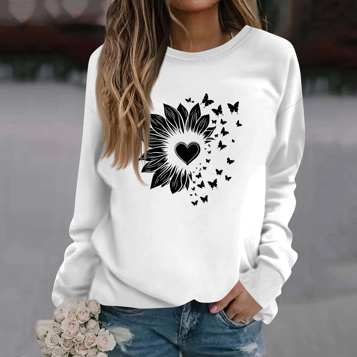 Женская толстовка с цветочным принтом, свободный крой, цвет 3-white — фото 2