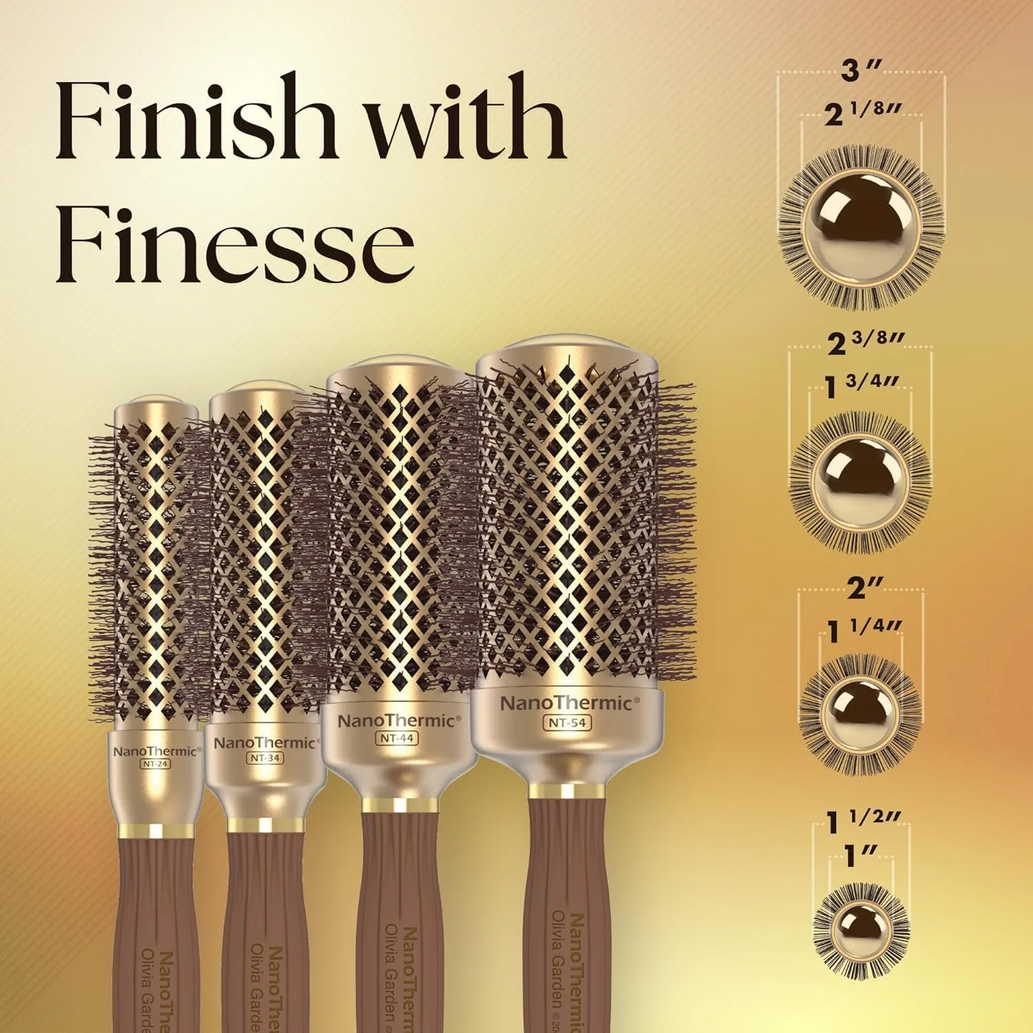 Термощетка для укладки волос Olivia Garden NanoThermic Ceramic + Ion Round Thermal Hair Brush - не электрическая - профессиональная щетка для нормальных и густых волос. Сумка из 4 штук, Gold / Chocolate — фото 2