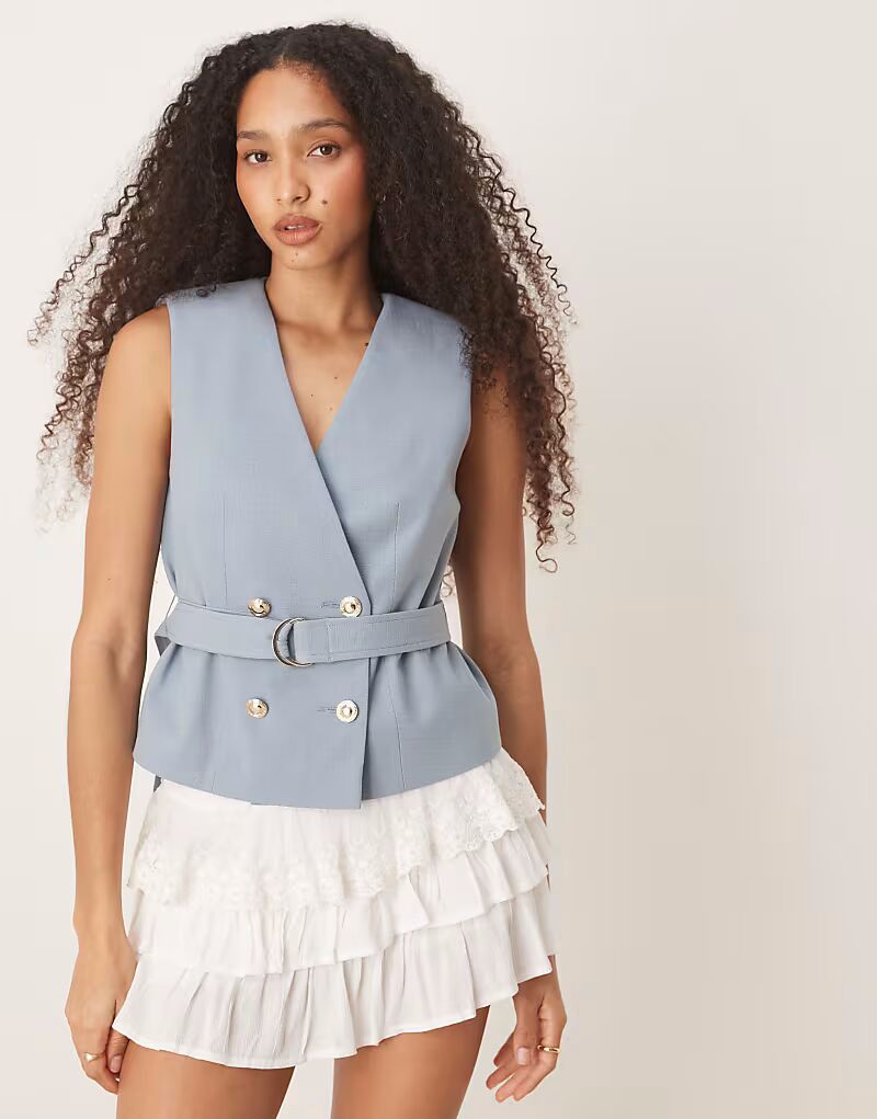 

Жилет-комбинезон с галстуком из льна ASOS DESIGN синего цвета