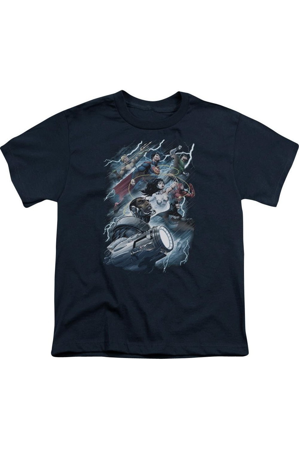 

Футболка с коротким рукавом для детей "Лига справедливости Америки: Оседлай молнию" Gildan, темно-синий