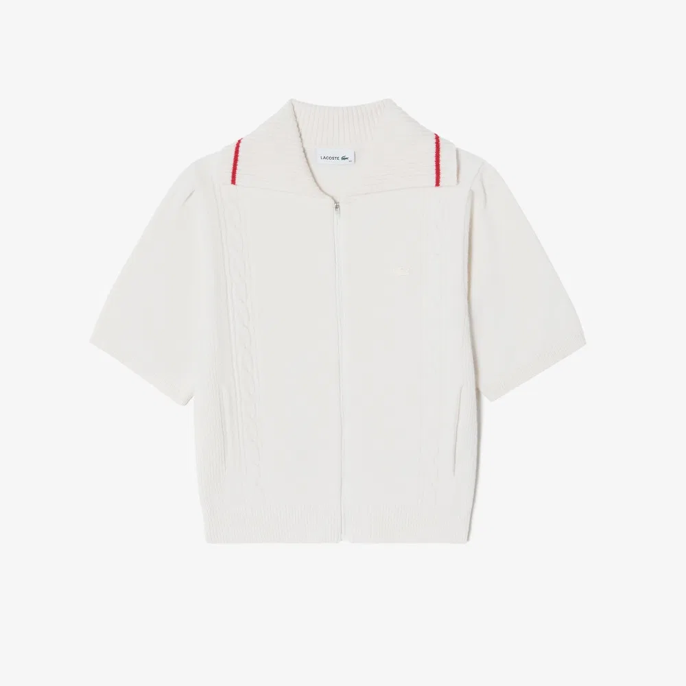 Кардиган Lacoste вязаный короткий на молнии, шерстяной, молочно-белый — фото 4