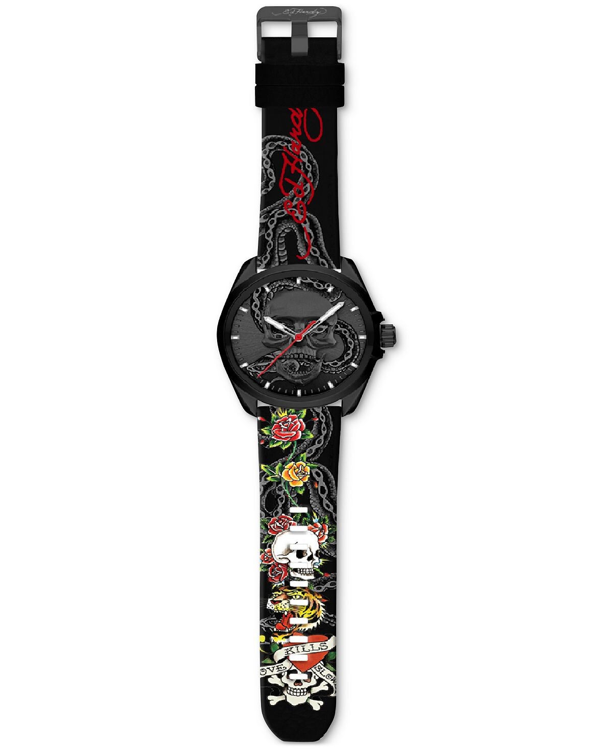 

Мужские часы с черным силиконовым ремешком с принтом, 46 мм Ed Hardy