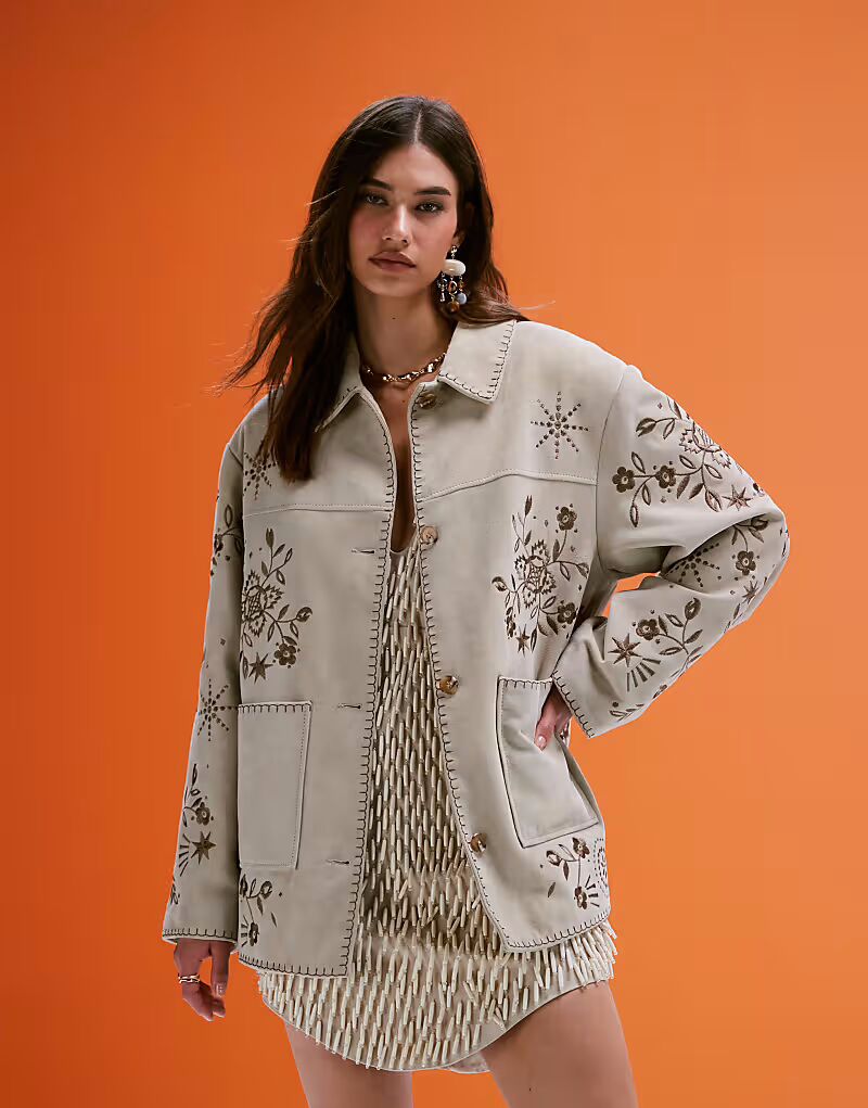 

Куртка из натуральной замши с вышивкой ASOS DESIGN в каменном цвете