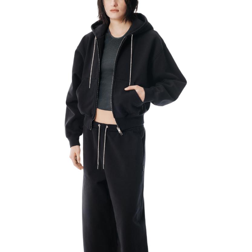Худи с застежкой-молнией и шнурком с камнями Alexander Wang, черный — фото 4