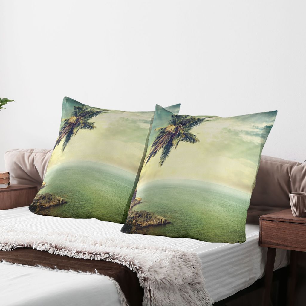 

ABAKUHAUS Гавайские чехлы для подушек, набор из 2 шт., Palm Tree Rocky Shore Caribbean Fog Travel Resort Scene Scene Print, Чехол для подушки с декоративным принтом, 80 x 80 см, миндально-зеленый бледно-желтый