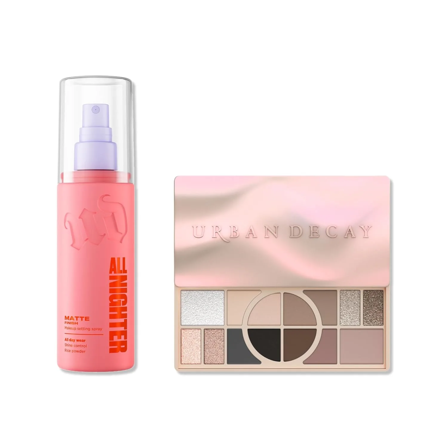 Urban Decay Naked Shaped Cool Palette и Matte Setting Spray набор - универсальные нейтральные оттенки и спрей-фиксатор All Nighter Waterproof Matte (118 мл) для стойкого макияжа глаз и лица