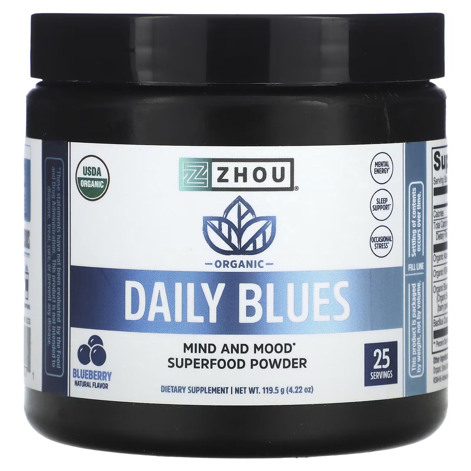 

Organic Daily Blues, черника, 4,22 унции (119,5 г) Zhou Nutrition