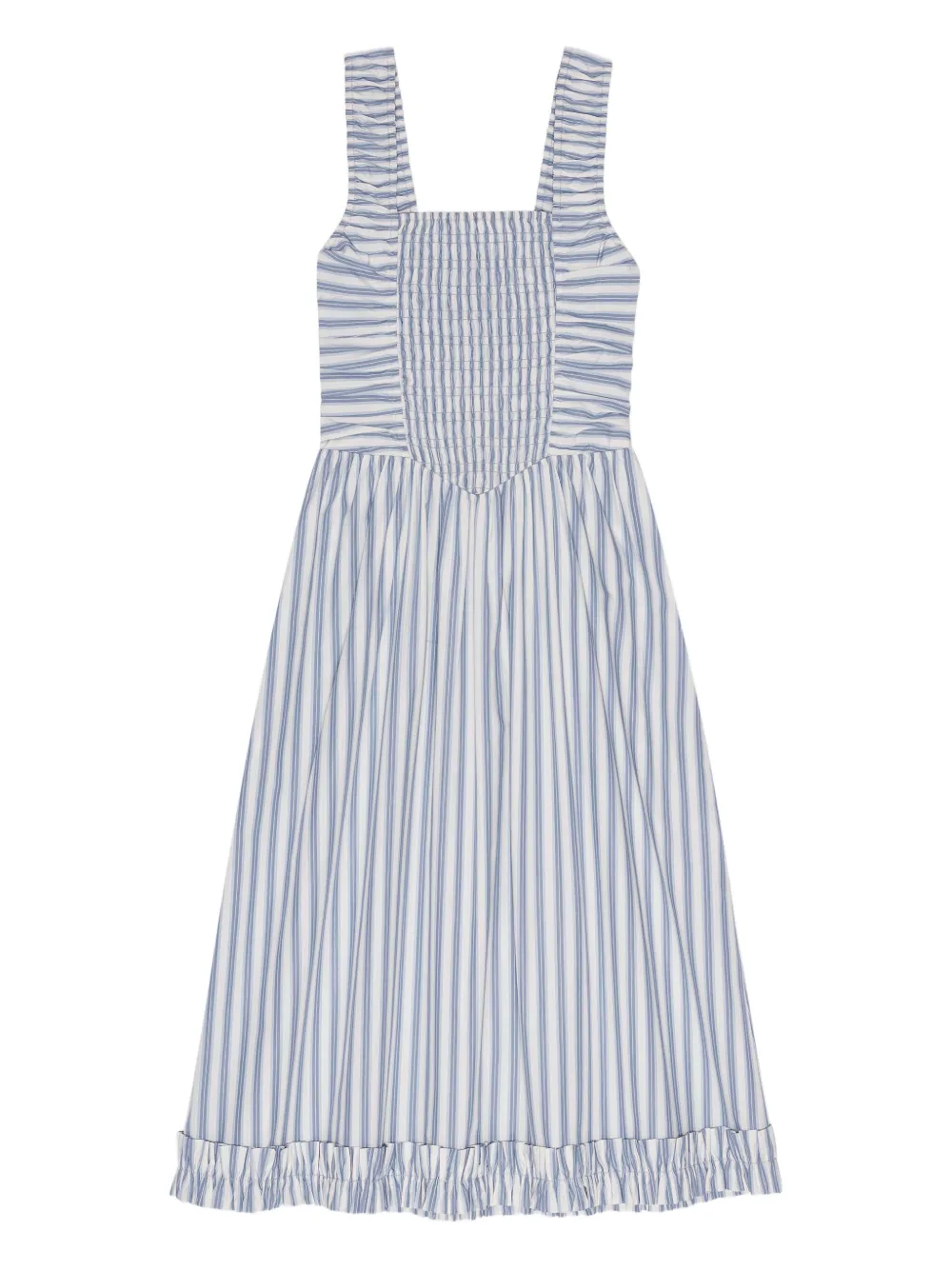 

Полосатое платье со сборками Ganni, белый