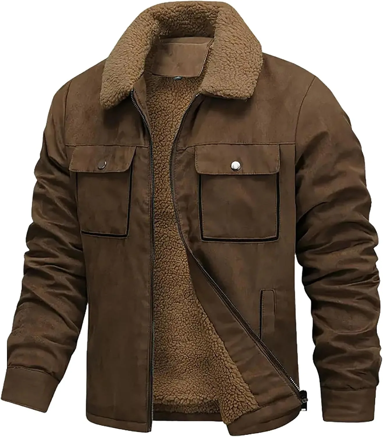 Зимнее пальто для мужчин Sherpa Fleece Lined Jacket на молнии, утепленное верхнее пальто в винтажном стиле Generic, кофейный