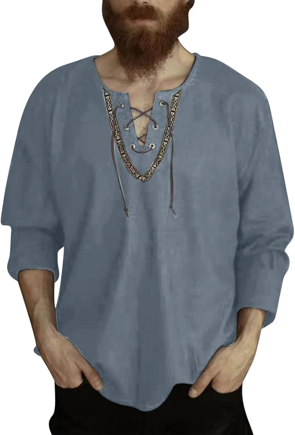 

Мужская футболка с длинным рукавом и V-образным вырезом, свободного кроя, из льна, в винтажном стиле