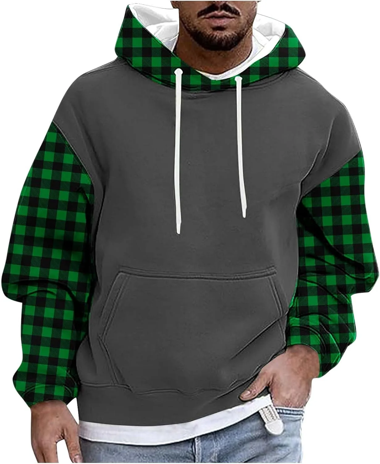 

Мужской худи с клетчатым принтом и передним карманом