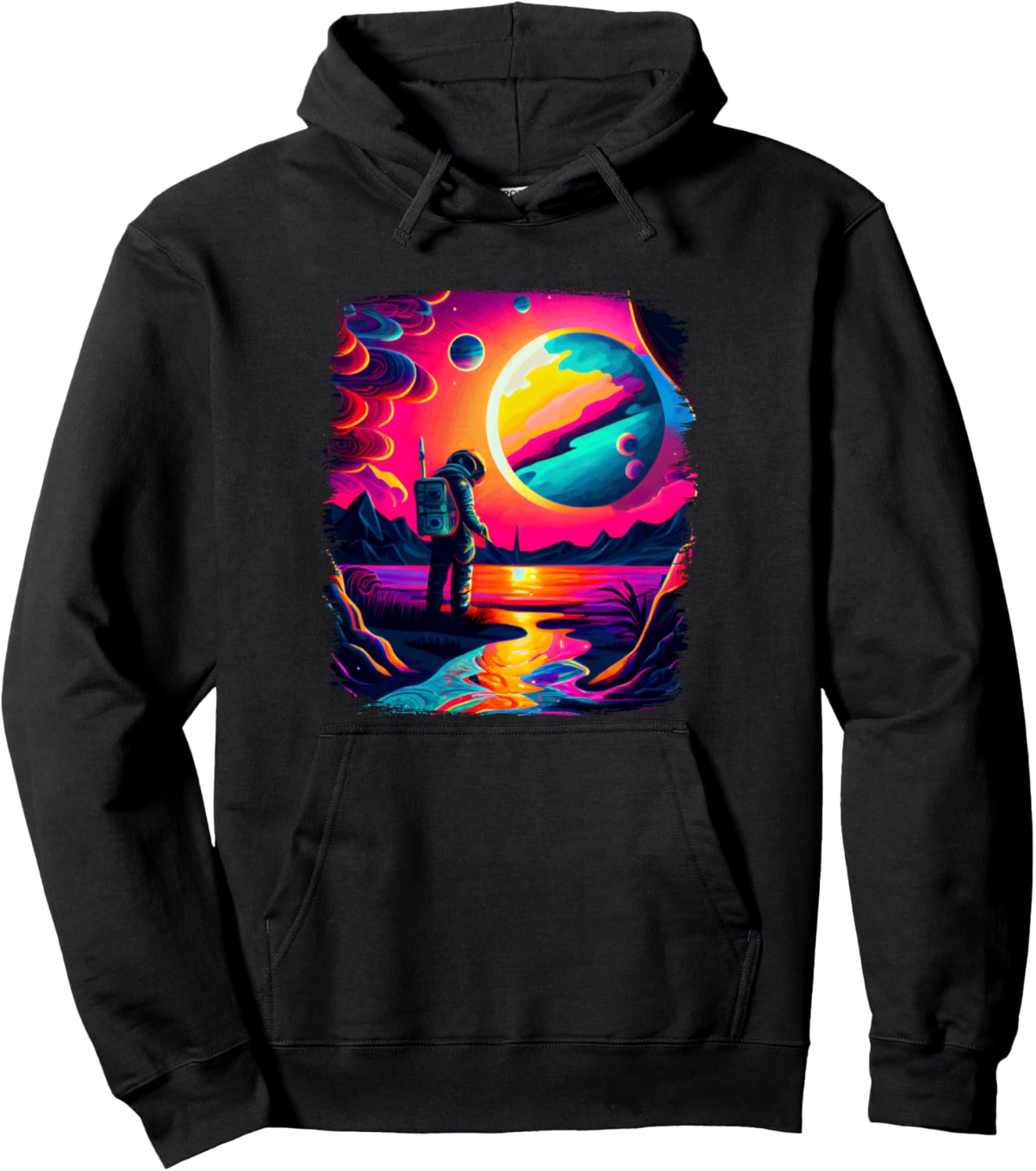 

Худи с изображением астронавта, отражающего яркое планетарное небо Cosmic Adventure Dreamscape Explorer Vivid, черный