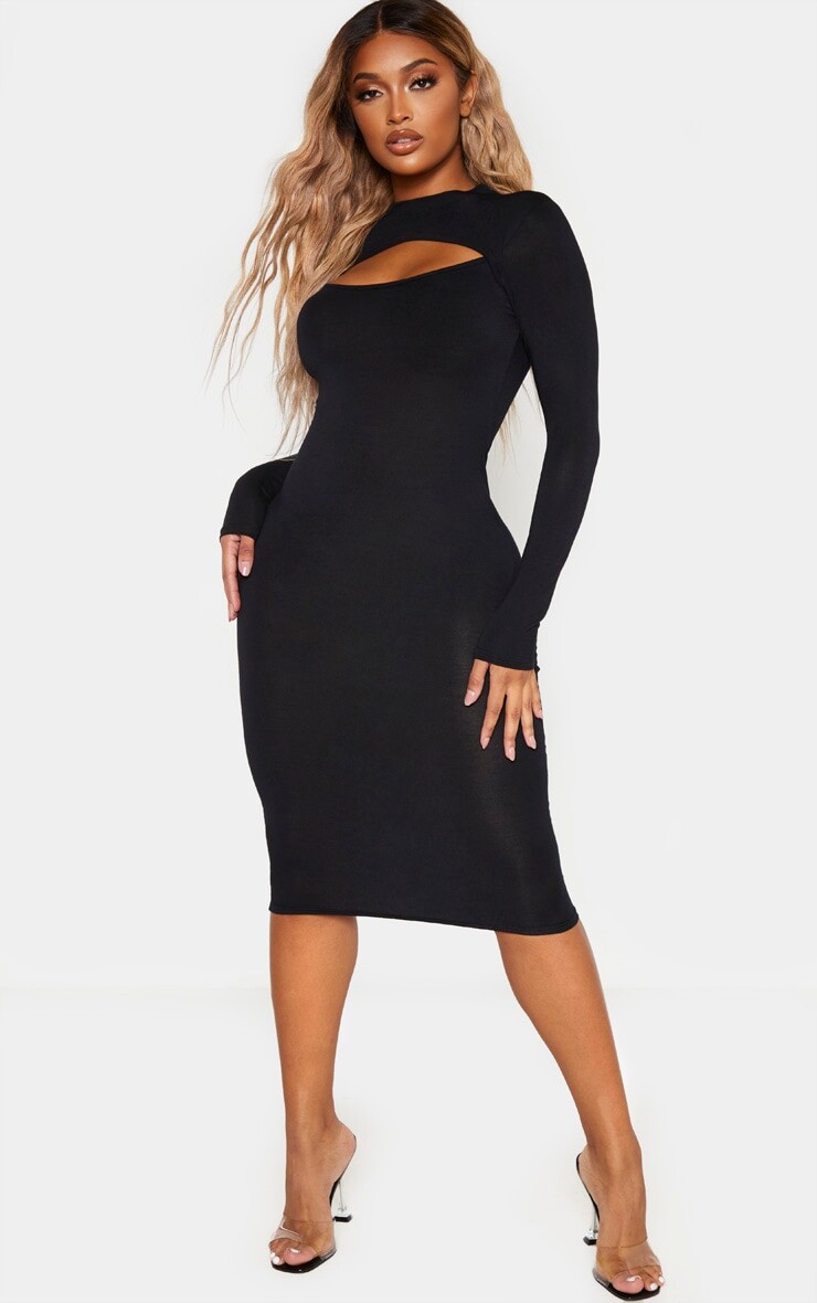 

PrettyLittleThing Черное трикотажное платье миди с длинными рукавами и вырезами, Черный, PrettyLittleThing Черное трикотажное платье миди с длинными рукавами и вырезами