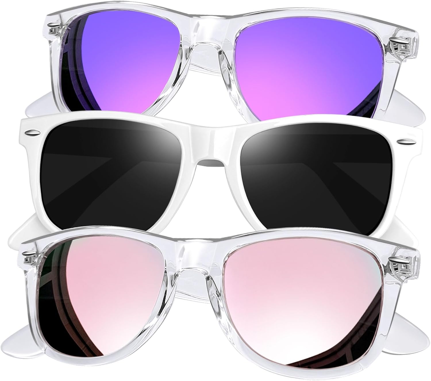 

Набор из 3 квадратных солнцезащитных очков Joopin с поляризацией и защитой от УФ-излучения. Модные солнцезащитные очки для женщин и мужчин, H27-white Black + Clear Pink + Clear Purple