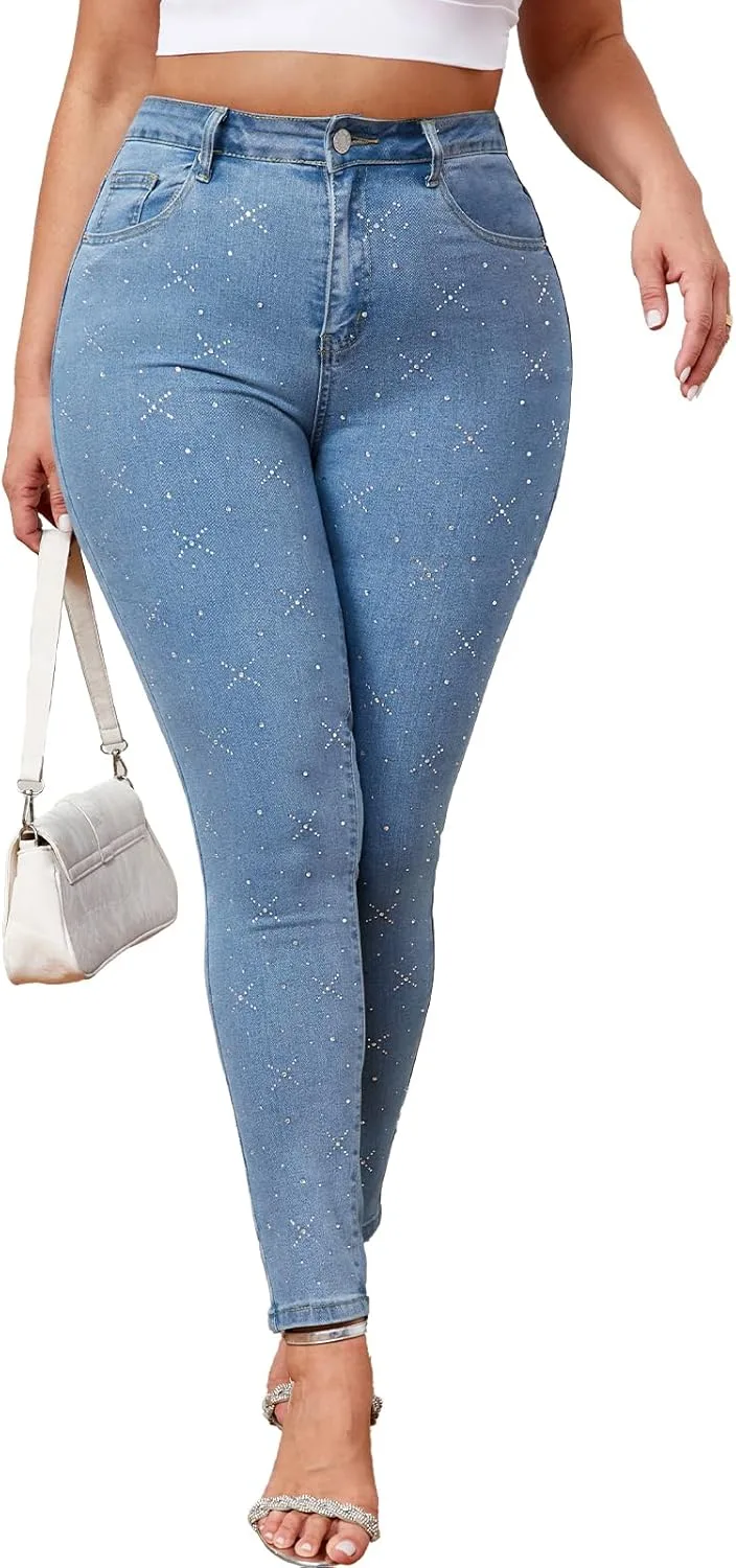 

Джинсы Plus Size Stretchy Skinny High Waisted с пайетками и стразами LifeShe