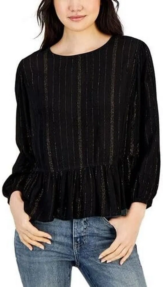 Блуза с пеплумом, длинный рукав, Lurex, Tommy Hilfiger, слоновая кость/золото — фото 3