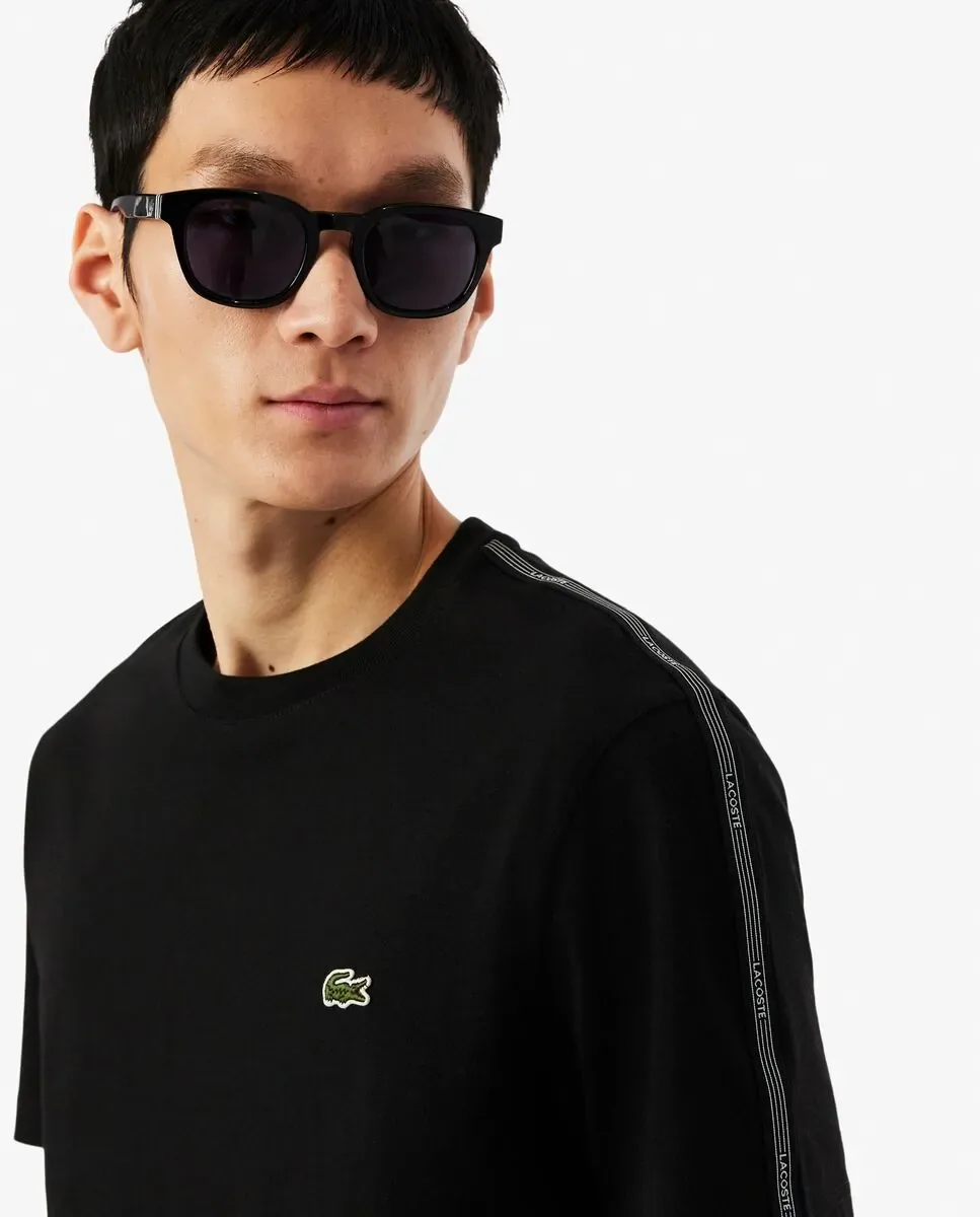 Мужская футболка с полоской бренда на белом фоне, короткий рукав, белая Lacoste, черный — фото 3