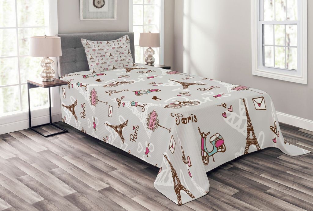

Комплект покрывала ABAKUHAUS Paris, велосипеды, Эйфелева башня и сердечки, комплект с моющимися наволочками, для односпальных кроватей 170 x 220 см, нежно-голубой, коричневый и розовый
