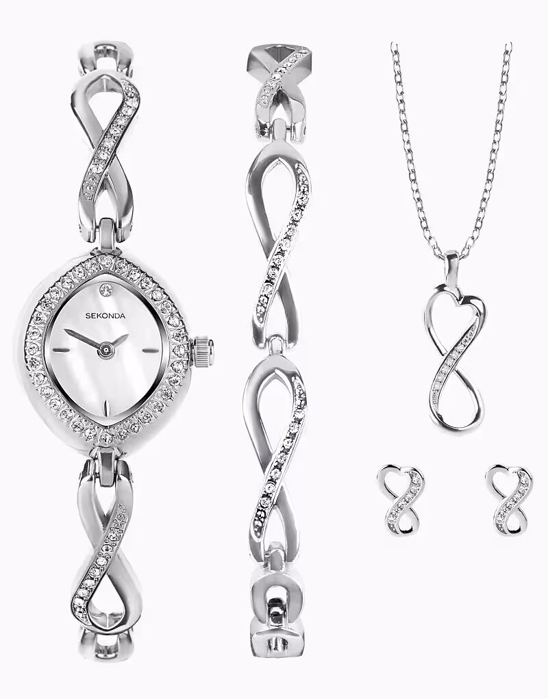 

Женские аналоговые часы 18 мм в подарочном наборе с серебряным корпусом, браслетом из сплава и белым циферблатом Sekonda