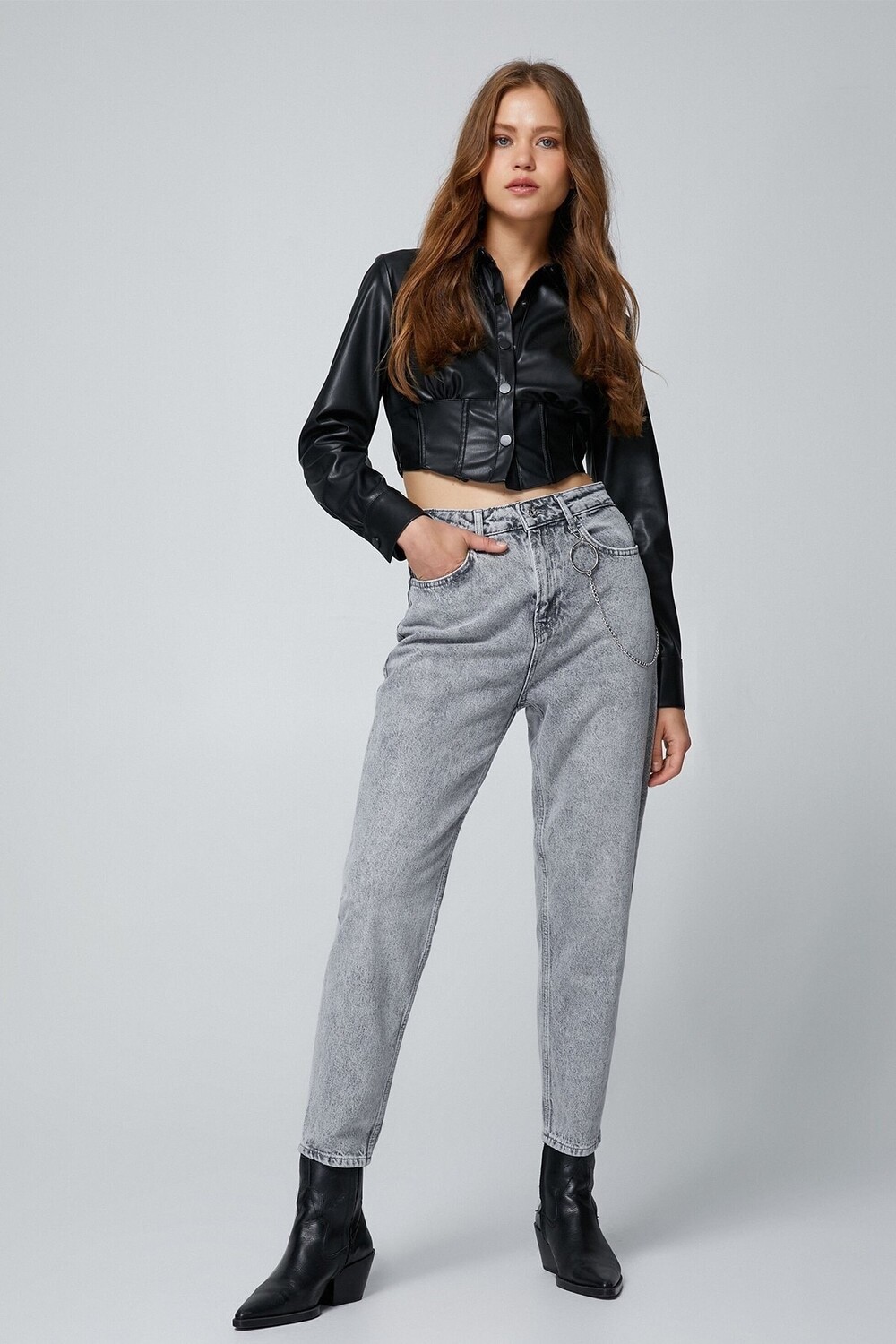 

Женские джинсовые брюки с высокой талией, легкие зауженные брюки — Mom Jeans Koton, серый