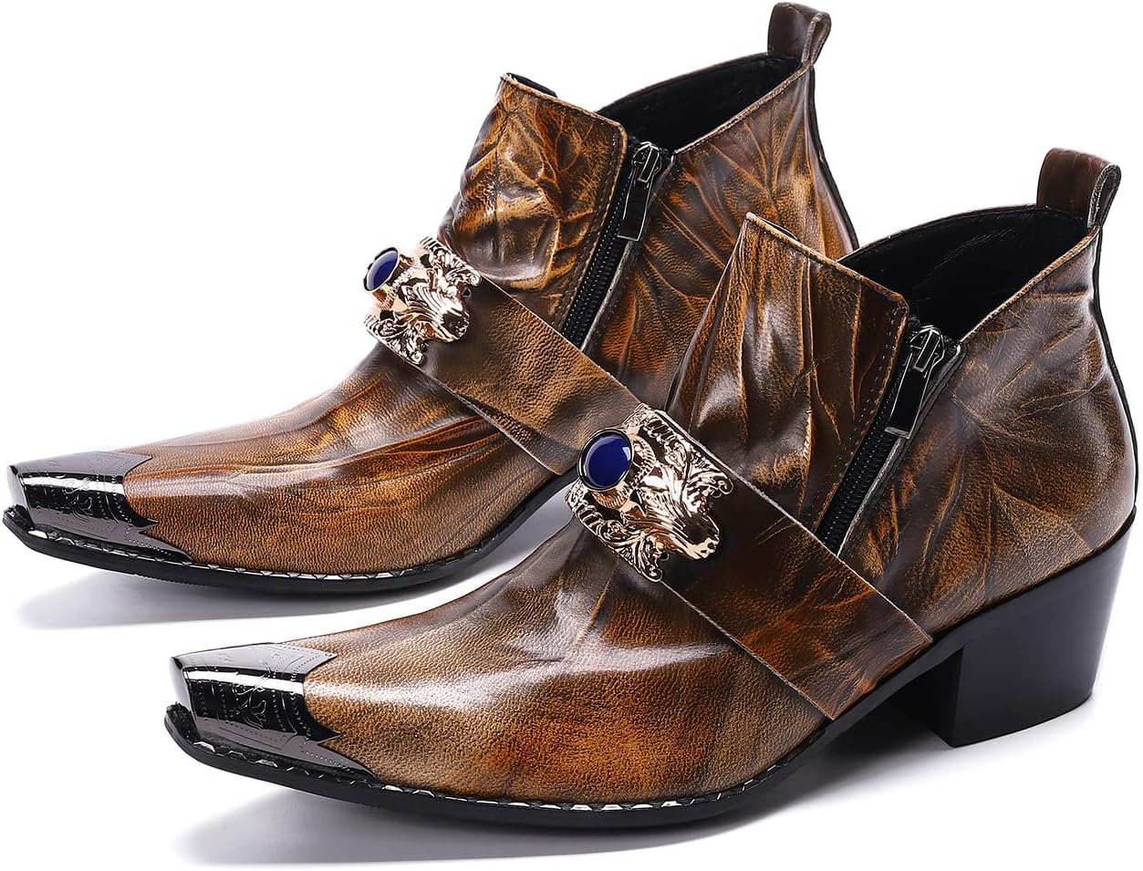 

Santimon Mens Western Boots Leather Fashion Luxury Brown Casual Metal Tip Slip on Zipper Dress Shoes, коричневый