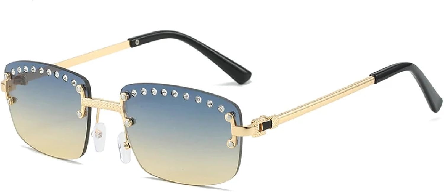 

Модные солнцезащитные очки без оправы с имитацией бриллиантов для женщин и мужчин, в винтажном стиле, роскошные, для активного отдыха и путешествий, защита от УФ-излучения UV400 TKKTLLT, Gold Green Yellow