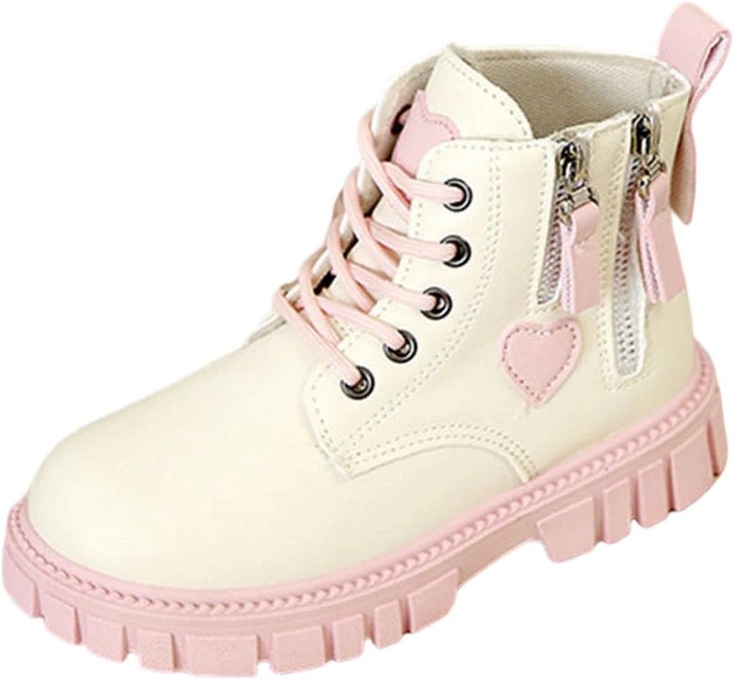 

Детские ботильоны для девочек 3.5-11T, шнуровка, боковая молния, противоскользящие, низкий каблук, круглый носок, принцесса, британские боевые ботинки Generic, Beige