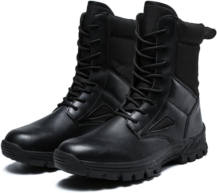 

Тактические военные ботинки LEIJOP для мужчин, высокие боевые ботинки с верхом из искусственной кожи и противоскользящей подошвой из TPR, легкие походные ботинки весом 1,0 кг для кемпинга, охоты и работы, черный
