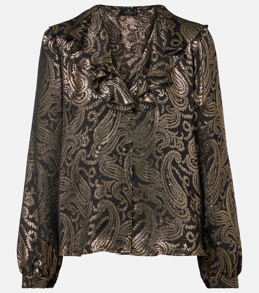 Блузка из смесового шелка с рюшами в стиле пейсли Etro, Gold