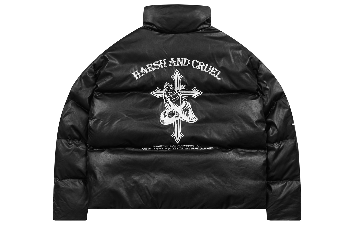 

Куртка-пуховик с воротником стойкой свободного кроя унисекс черный HARSH AND CRUEL