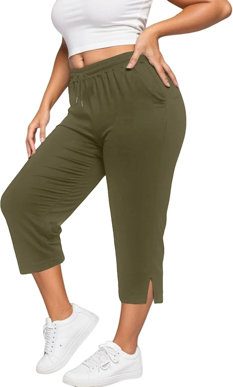 

Плюс сайз капри для женщин с эластичной талией и карманами