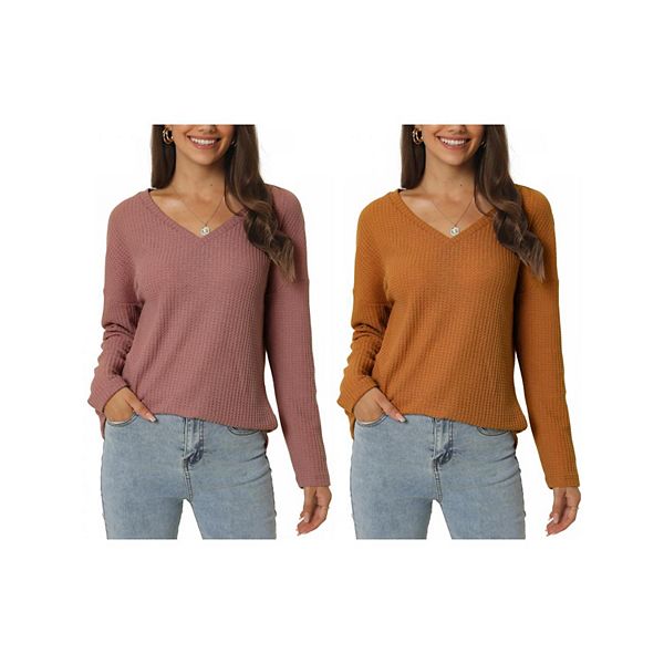 

2 упаковки женских топов с вафельной вязкой, V-образным вырезом и длинным рукавом Inspire Chic, Brick Red Brown