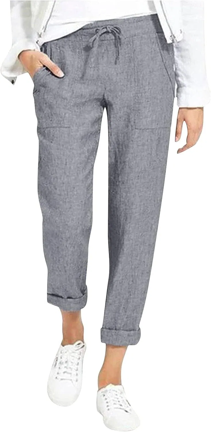 Женские льняные капри-брюки Casual из легкой льняной смеси с широкими штанинами, эластичным поясом, свободного кроя, с карманами, однотонные, летние Generic, серый