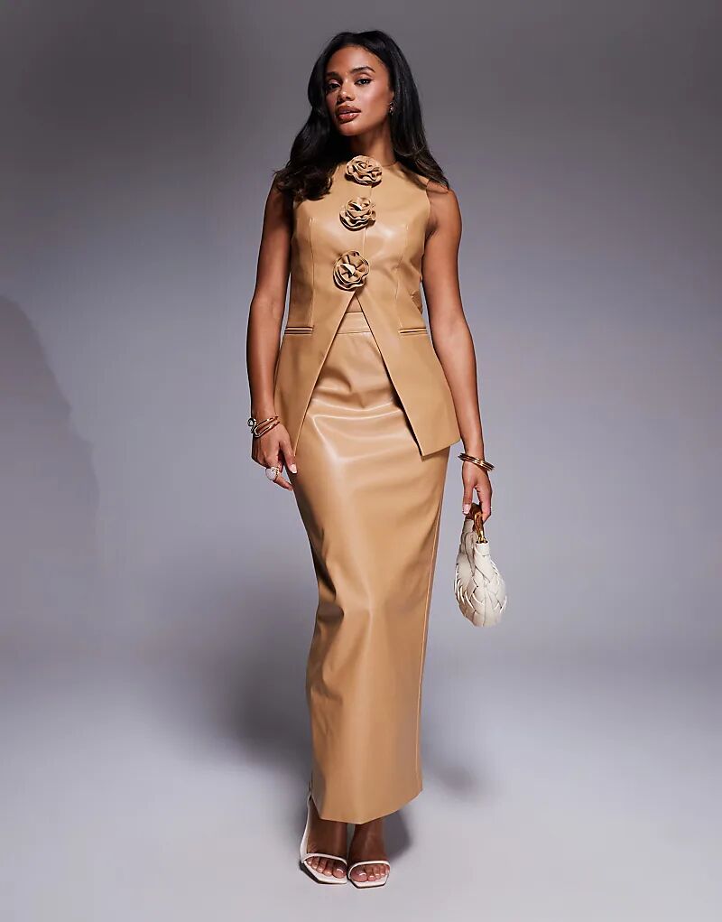 

Юбка ASOS LUXE coord из искусственной кожи с разрезом сзади, светло-коричневого цвета