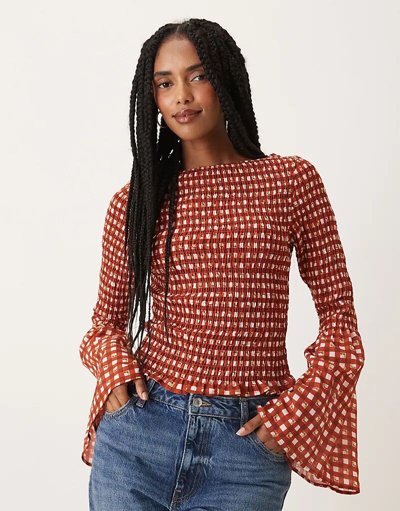 

Топ ASOS DESIGN с рукавами-ангелочками и сборками в красную клетку