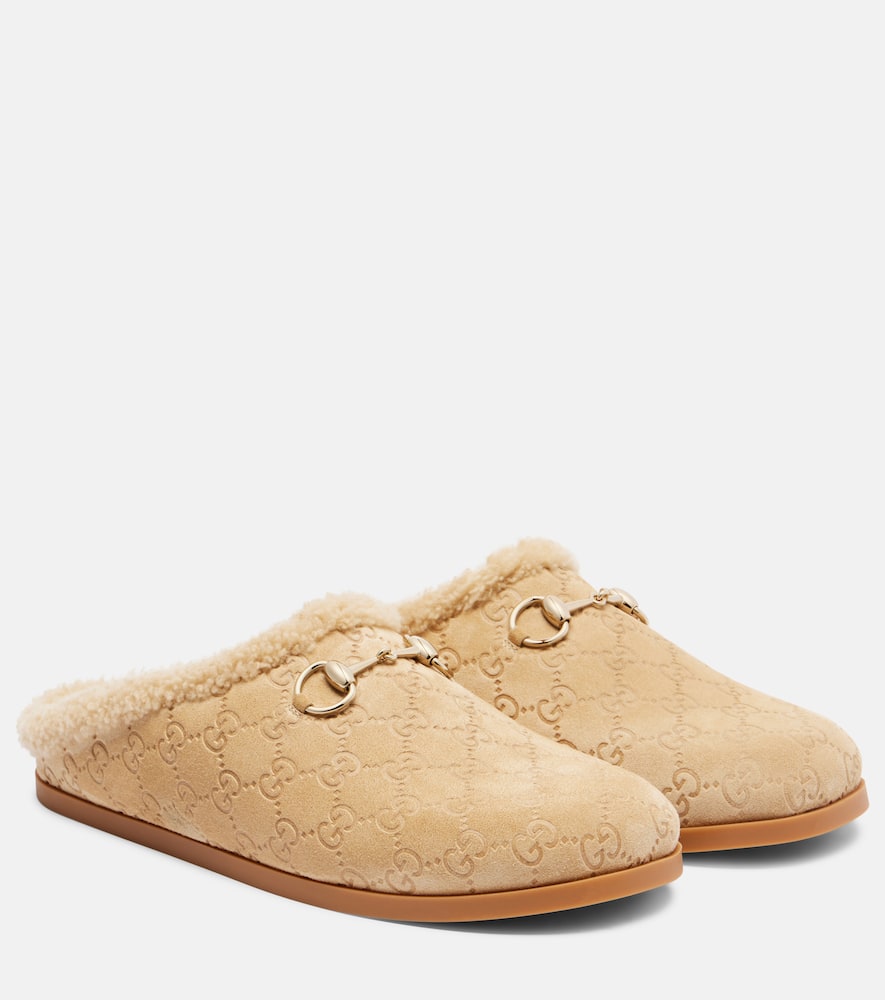 Конские биты GG замшевые мюли с отделкой из овчины Gucci, Butterscotch/Butters