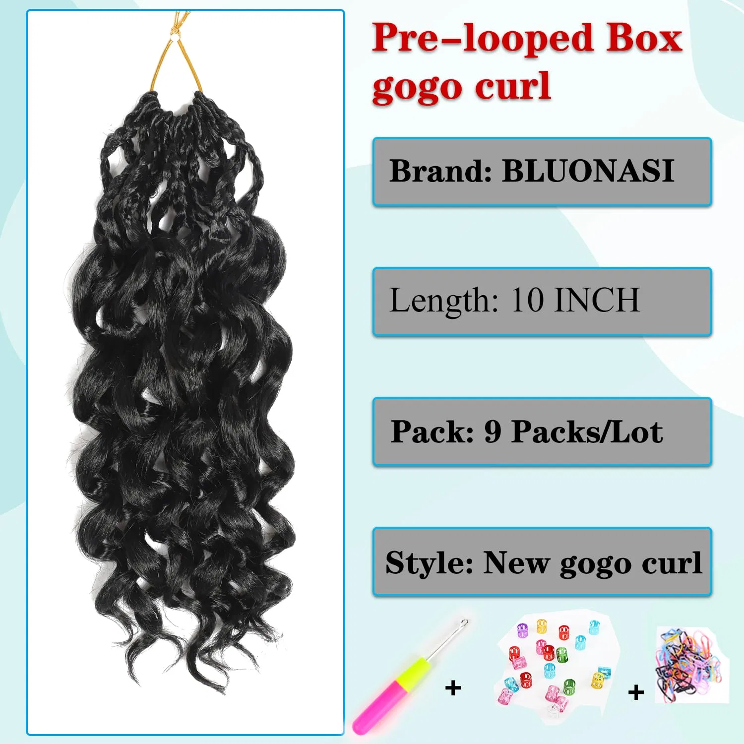 Кудрявые волосы для наращивания GOGO Curly Crochet Hair, 10 дюймов, 9 упаковок Bluonasi, 1B# — фото 4